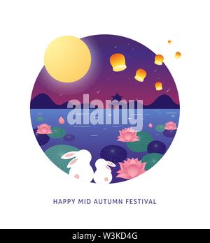 Mid Autumn Festival. Chuseok, chinesische Wortlaut übersetzung Mitte Herbst. Vektor Banner, Hintergrund und Poster mit mooncake, Kaninchen, Hasen und volle Mo Stock Vektor