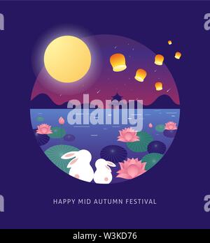 Mid Autumn Festival. Chuseok, chinesische Wortlaut übersetzung Mitte Herbst. Vektor Banner, Hintergrund und Poster mit mooncake, Kaninchen, Hasen und volle Mo Stock Vektor