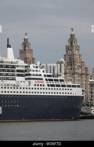 Liverpool, Großbritannien. 16. Juli 2019. Queen Mary 2 angedockt vor der Leber Gebäude Liverpool. Die 149.000-Tonnen Schiff das größte Passagierschiff, das jemals gebaut wurde ist auf volle Ansicht heute bei Cruise Liner Terminal der Stadt festgemacht. 300 Passagiere wird Ihr im Rahmen einer transatlantischen Reise nach New York über Reykjavik und Halifax, Nova Scotia. Credit: Ken Biggs/Alamy leben Nachrichten Stockfoto