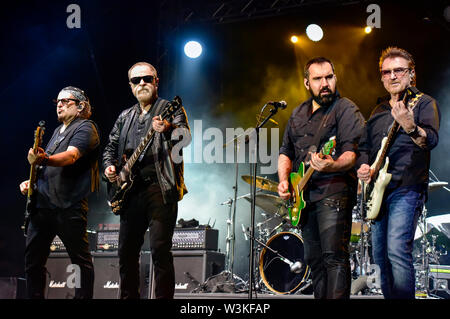 Juli 4, 2019, Moapa Nevada, Blue Oyster Cult auf der Bühne im Moapa Event Center in Moapa, Nevada. Stockfoto