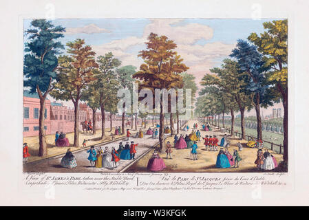 Ein Blick auf die St. James's Park in der Nähe der stabilen Hof, Verstehen von St. James's Palace, Westminster Abby, Whitehall, etc. Nach einer Hand genommen - farbige Gravur veröffentlicht ca. 1750 Stockfoto