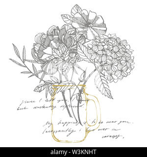 Bouquet. Frühling Blumen und Zweige. Pfingstrosen, Hortensie, Rose. Vintage botanischen Abbildung. Schwarz/weiß eingestellt von Zeichnung Kornblumen, floralen Grundschule Stockfoto