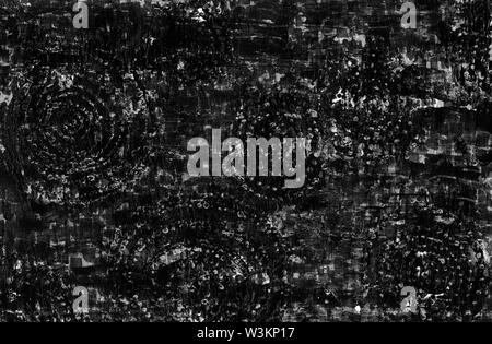 Kontrast grafische Abstract grunge Hintergrund. Schwarze und weiße raue Textur mit Kratzern, Punkte, Linien, konzentrische Kreise, Anschläge und Flecken. Die te Stockfoto