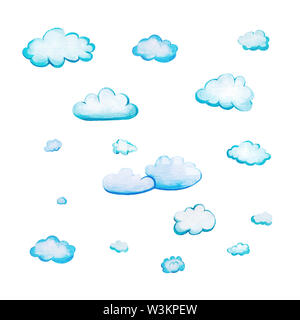 Set mit Aquarell cartoon Wolken. 17 weiß-blauen Wolken von Hand gezeichnet und isoliert auf einem weißen Hintergrund. Und flauschig weiche abgerundete Formen mit ... Stockfoto