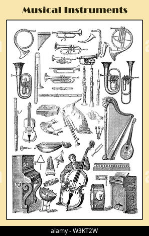 Jahrgang Tabelle: musikalische Instrumente Stockfoto