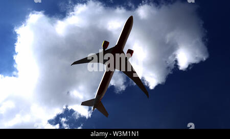 Commercial Airplane gegen den blauen Himmel, Blick von der Masse. 3D-Rendering Stockfoto