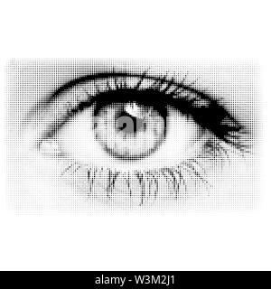 Menschliche Auge mit Kreis Halbtonmuster auf weißem Hintergrund Stock Vektor