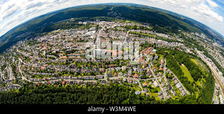 Luftaufnahme von Arnsberg als Fisheye, Fisheye fotografieren mit der Bezirksregierung, Regierungspräsident Arnsberg im Sauerland in Nordrhein Stockfoto