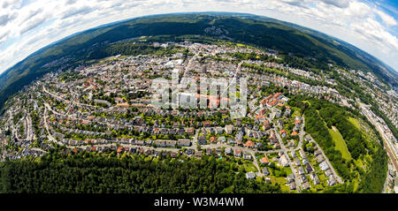 Luftaufnahme von Arnsberg als Fisheye, Fisheye fotografieren mit der Bezirksregierung, Regierungspräsident Arnsberg im Sauerland in Nordrhein Stockfoto