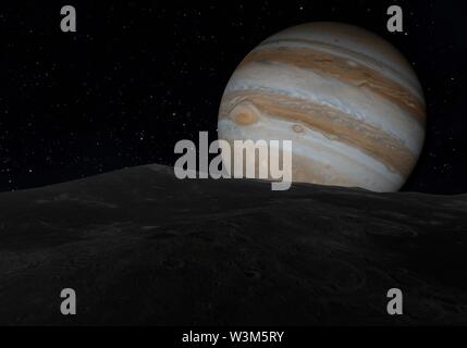 Blick auf Jupiter von Asteroiden. 3D-Darstellung. Stockfoto