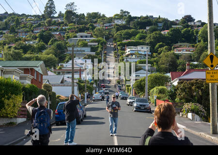 Dunedin, Otago, Neuseeland. Februar 2018. Menschen, die Fotos machen und für Bilder posieren auf Baldwin Street. Kredit: Jonathan Stockfoto