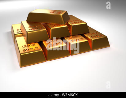 Gestapelte Gold Bars auf einem hellen Hintergrund, 3D-Rendering, Finanzkonzept Stockfoto