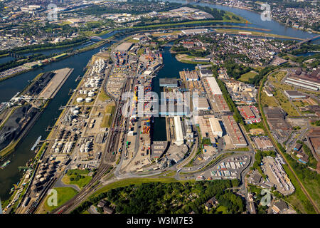 Luftaufnahme der Firma Haeger & Schmidt Logistik im Duisburger Hafen Duisport AG-an-der-Ruhr mit Ruhr Mündung in den Rhein in der Übersicht und de Stockfoto