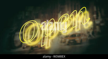 Anmelden öffnen, Led, Neon Gelb Farbe dunklen Hintergrund. Straßen der Stadt Reflexion. 3D-Darstellung Stockfoto