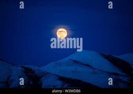 Vollmond über den Bergen in der Nacht im Bellevue, Idaho, USA Stockfoto