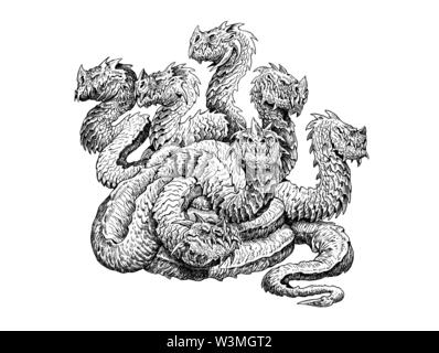 Vielköpfigen Hydra-mythologischen Kreatur. Multi vorangegangener Drache Zeichnung. Furchterregende Monster. Stockfoto