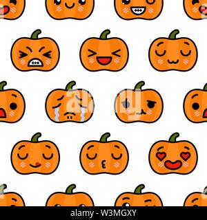 Nahtlose Muster mit niedlichen Kawaii emoji Halloween Kürbis. Vektor Cartoon Illustration Stock Vektor
