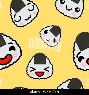 Nahtlose Muster mit niedlichen kawaii Emoji onigiri. Vektor Cartoon Illustration Stock Vektor