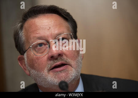 Washington, District of Columbia, USA. 16. Juli, 2019. United States Senator Gary Peters (Demokrat aus Michigan) spricht während der US-Senat Ausschusses für Innere Sicherheit und staatlichen Angelegenheiten auf dem Capitol Hill in Washington, DC, USA am 16. Juli 2019, die die Sicherheit und Richtigkeit der Volkszählung 2020 diskutiert. Credit: Stefani Reynolds/CNP/ZUMA Draht/Alamy leben Nachrichten Stockfoto