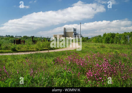 UK, South Yorkshire, Rotherham, 100 Riverside Naturpark, Stahl Henge & Templeborough Biomassekraftwerk Stockfoto