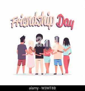 Jugendliche Gruppe umfassende hinten Männer Frauen umarmen Friendship Day Feier Konzept Freunde Spaß weißen Hintergrund Gruß-Karte voll Stock Vektor