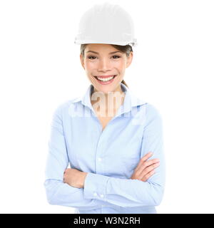 Architekt Ingenieur oder Unternehmer Business Woman. Portrait von lächelte glücklich, stolz und selbstbewusst Junge weibliche multirassischen Asiatische Chinesische/Kaukasischen weiblichen professionellen tragen weiße harten Hut Ausschnitt Stockfoto