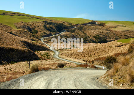 Straße durch Tussocks, in der Nähe der See Mahinerangi, Otago, Südinsel, Neuseeland Stockfoto