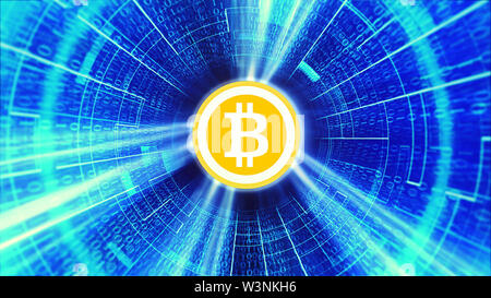 Bitcoin hypnotischen loop Hintergrund, Bitcoin Währung Anmelden digitale Cyberspace, Business und Technologie Netzwerk Konzept Stockfoto
