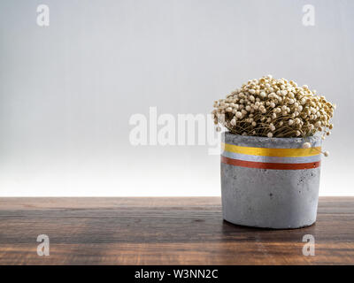 Wunderschön bemalte konkrete Pflanzmaschine mit getrockneten Blumen auf Holztisch auf weißem Hintergrund mit kopieren. Handgefertigte Zement Topf für Dekoration. Stockfoto