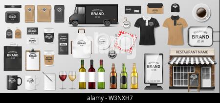 Restaurant Corporate Branding Identität Vorlage. MockUp Design für Kaffee, Cafe, Fast Food. Realistische einheitliche, Lieferwagen, essen Warenkorb Stock Vektor
