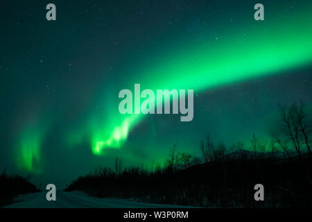 Ehrfürchtige Anzeige der Aurora Borealis - das Nordlicht über leere Schnee Straße in Norwegen und Finnland Stockfoto