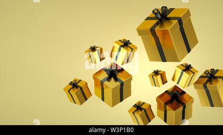 Schwarz Geschenksets mit Gold Ribbon auf schwarzem Hintergrund. 3D-Rendering. Stockfoto