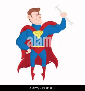 Super Hero Charakter Leitungen reparieren. Super sanitär Mann illustration Design Stock Vektor