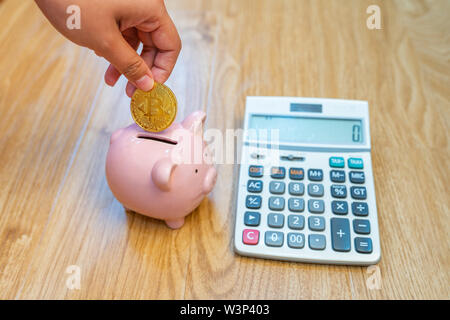 Hand bitcoin und in Sparschwein gespart setzen Stockfoto