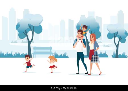 Happy Family Wanderungen rund um den modernen, urbanen City Park in Abstrakte blaue Farbe flach Vektor-illustration horizontale Banner Design lackiert. Stock Vektor