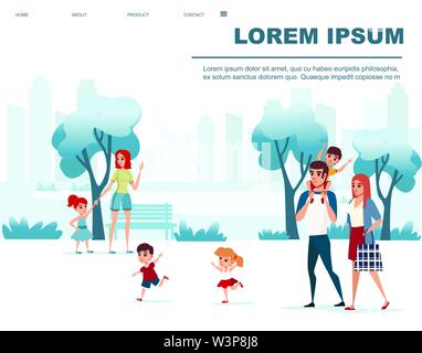 Happy Family Wanderungen rund um den modernen, urbanen City Park in Abstrakte blaue Farbe flach Vektor-illustration horizontale banner Webseite Design lackiert. Stock Vektor