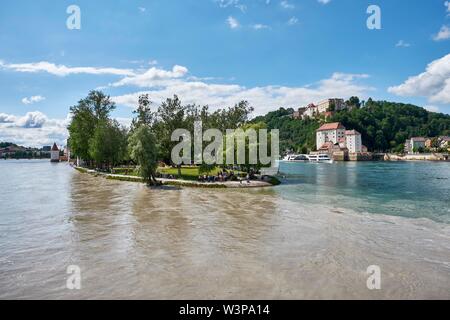 Dreieck, Zusammenfluss von Donau, Inn und Ilz Passau, Niederbayern, Bayern, Deutschland Stockfoto