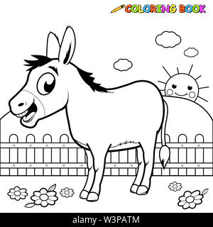 Schwarzer und weißer Umriss Abbildung einer Cartoon Esel auf dem Bauernhof. Malbuch Seite. Stockfoto