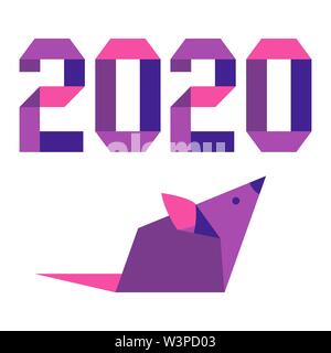 Frohes neues Jahr. Vector Illustration mit Origami 2020 Jahr zahlen und Ratte. Ratte Sternzeichen, Symbol der 2020 auf dem chinesischen Kalender. Jahr der Ratte. Stock Vektor