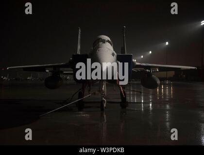 Eine F-15C Eagle fighter Jet zu den 125 Fighter Wing in Jacksonville, FL., sitzt auf einer Rampe während eines Schneesturms an der Nellis Air Force Base, Nev, Feb 21, 2019. Die F-15C ist eine wetterfeste Tactical Fighter so konzipiert, dass die Air Force zu gewinnen und die Lufthoheit über dem Schlachtfeld. (U.S. Air Force Foto von Airman 1st Class Bryan Guthrie) Stockfoto