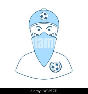 Fußball-Fan mit einer überdachten Fläche von Schal Symbol. Dünne Linie mit blauer Füllung Design. Vector Illustration. Stock Vektor