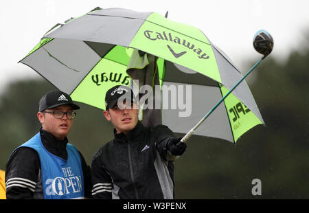 England's Thomas Thurloway Stücke weg während der Vorschau 4. Tag der offenen Meisterschaft 2019 im Royal Portrush Golf Club. Stockfoto