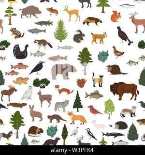 Taiga biome, boreale Schnee Wald nahtlose Muster. Terrestrischen Ökosystem Weltkarte. Tiere, Vögel, Fische und Pflanzen Design. Vector Illustration Stock Vektor