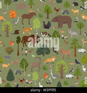 Gemäßigt breitblättrige Wald und Mischwald biome nahtlose Muster. terrestrischen Ökosystem Weltkarte. Tiere, Vögel und Pflanzen Grafik Design. Vektor i Stock Vektor