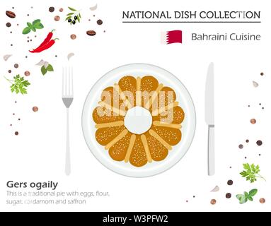 Bahraini Küche. Naher Osten Nationalgericht Sammlung. Gers ogaily Pie isoliert auf Weiss, infograpic. Vector Illustration Stock Vektor