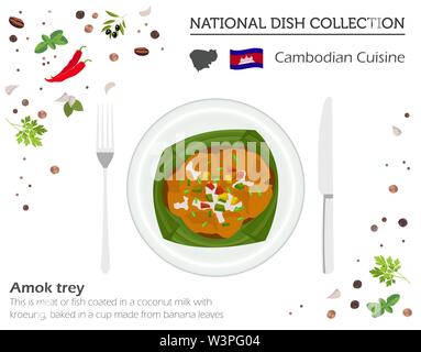Kambodschanische Küche. Asiatische Nationalgericht Sammlung. Amok trey isoliert auf Weiss, infograpic. Vector Illustration Stock Vektor