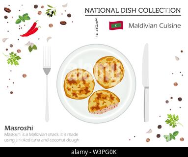 Maledivische Küche. Asiatische Nationalgericht Sammlung. Masroshi isoliert auf Weiss, infograpic. Vector Illustration Stock Vektor