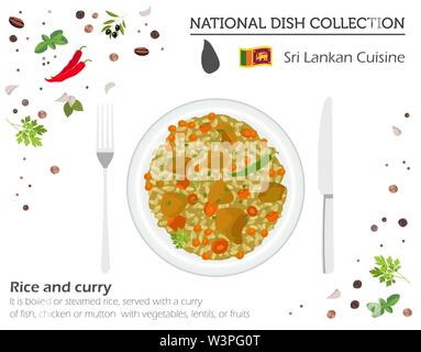 Küche Sri Lankas. Asiatische Nationalgericht Sammlung. Reis und Curry auf Weiß, infograpic isoliert. Vector Illustration Stock Vektor