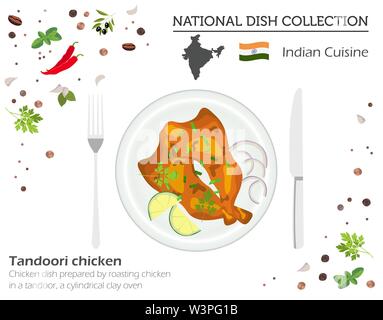 Indische Küche. Asiatische Nationalgericht Sammlung. Tandoori Chicken isoliert auf Weiss, infograpic. Vector Illustration Stock Vektor