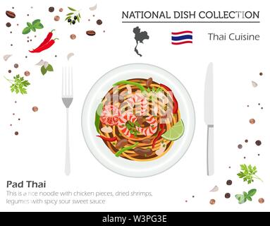 Thailändische Küche. Asiatische Nationalgericht Sammlung. Pad Thai isoliert auf Weiss, infograpic. Vector Illustration Stock Vektor